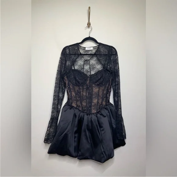 chinese dress ladies Black Lace Cap Sleeve Puffball Mini Dress